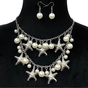 2 Row Layered Starfish Pearl Necklace Earrings Set